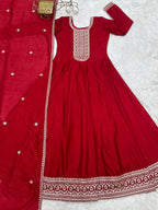 Lorenvalley Fashion Red Vichitra Silk with Full Kali Pattern Embroidery work Anarkali Gown with Dupatta - Distacart