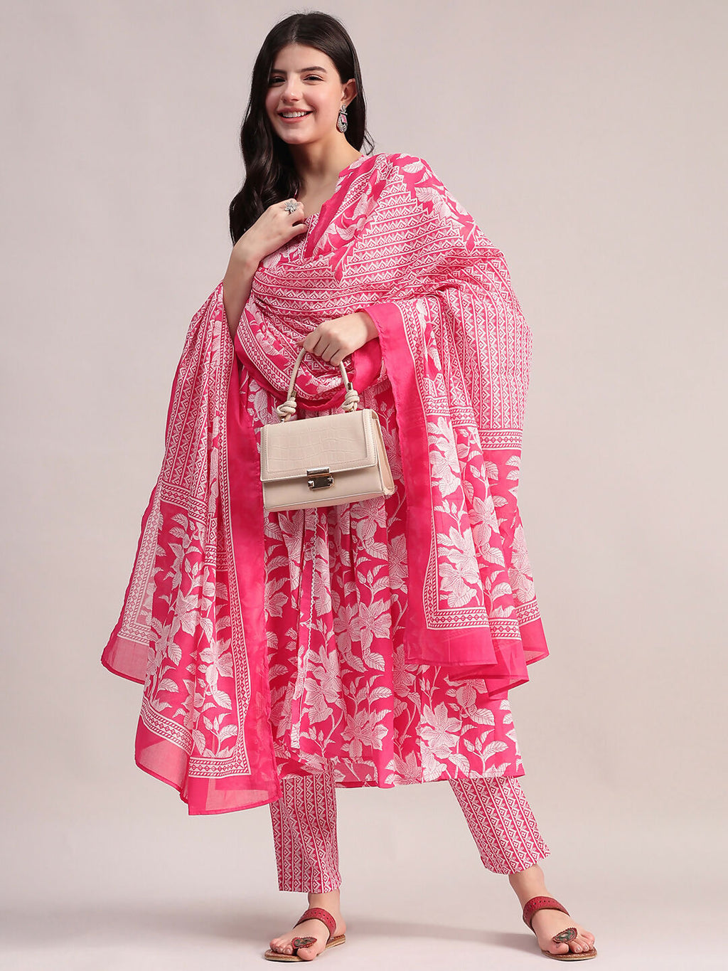 Aavyora Women's Pink Floral Cotton Kurta with Lace Detailing, with Trouser & Dupatta