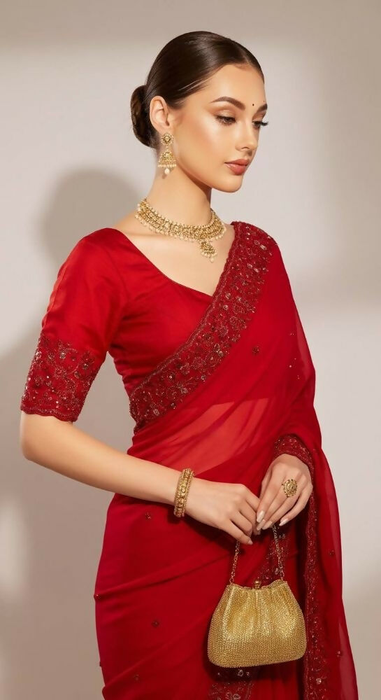 Joban Fashion Red Fandy Satin Silk Party Wear Sarees - Distacart