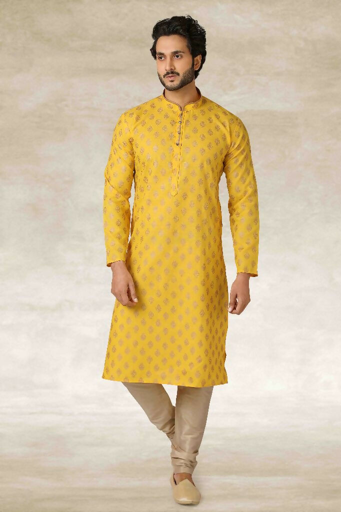 Raivat Ethnic Cotton Printed Work Kurta Pajama In Yellow Colour