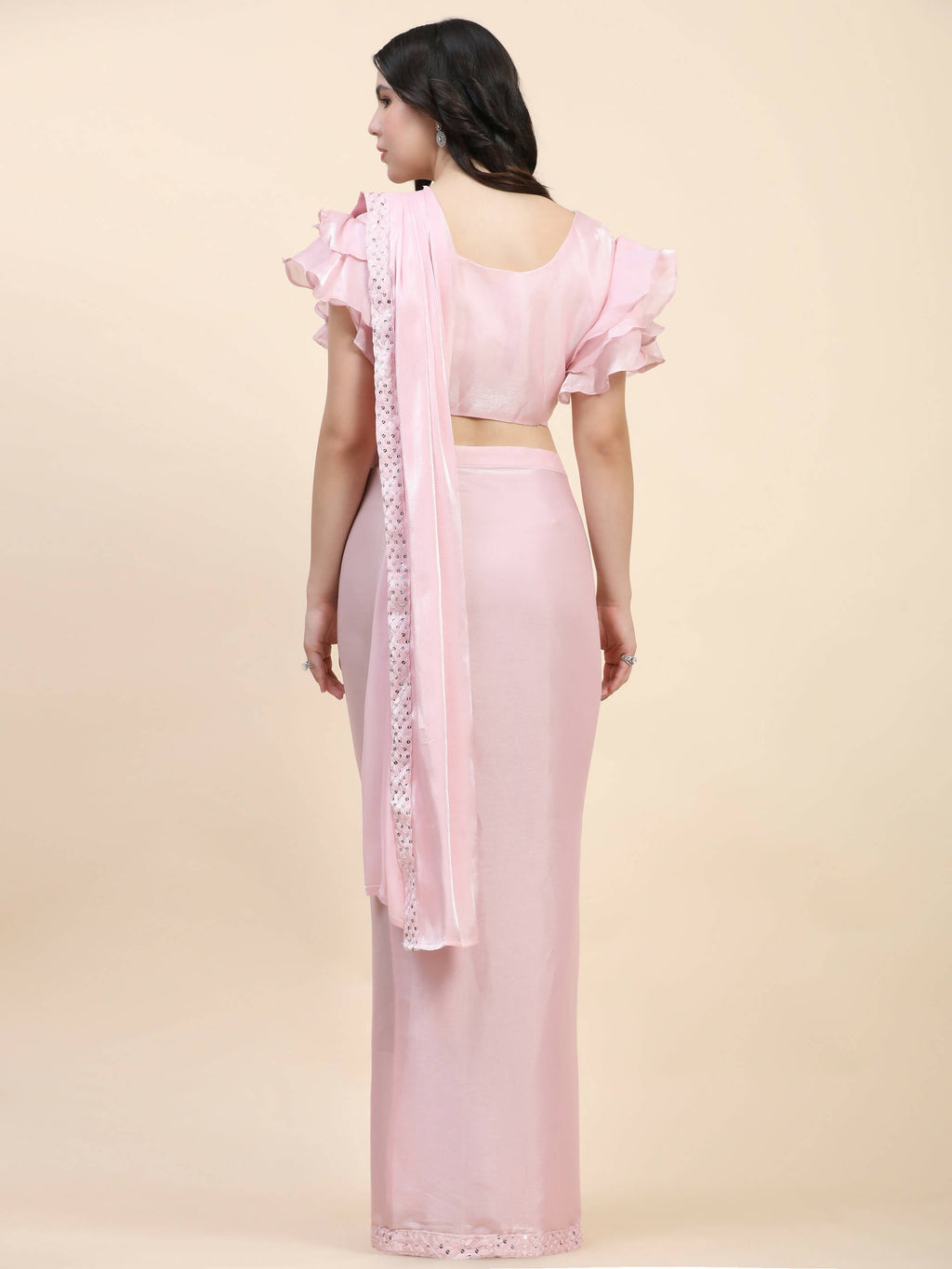 Pink Silk Satin Sequence Work Ready to Wear Saree with stitched Blouse - Nirvana