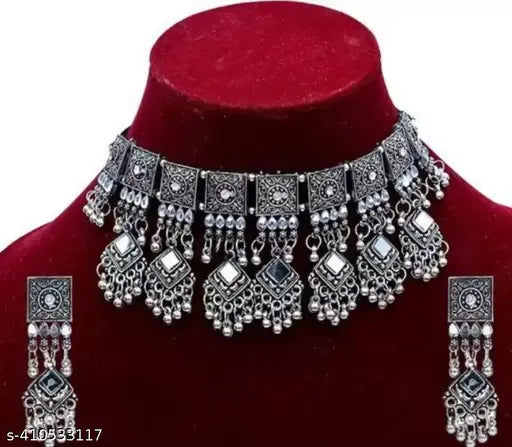Tehzeeb Creations Women's Silver Colour Oxidised Necklace Set With Mirror Work