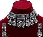 Tehzeeb Creations Women's Silver Colour Oxidised Necklace Set With Mirror Work