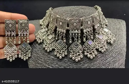 Tehzeeb Creations Women's Silver Colour Oxidised Necklace Set With Mirror Work