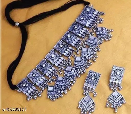 Tehzeeb Creations Women's Silver Colour Oxidised Necklace Set With Mirror Work