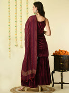 Myshka Women's Magenta Velvet Kurti & Sharara With Dupatta Party Sets