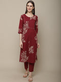 Sangria Women Maroon Floral Printed Pure Cotton Straight Kurta with Trousers