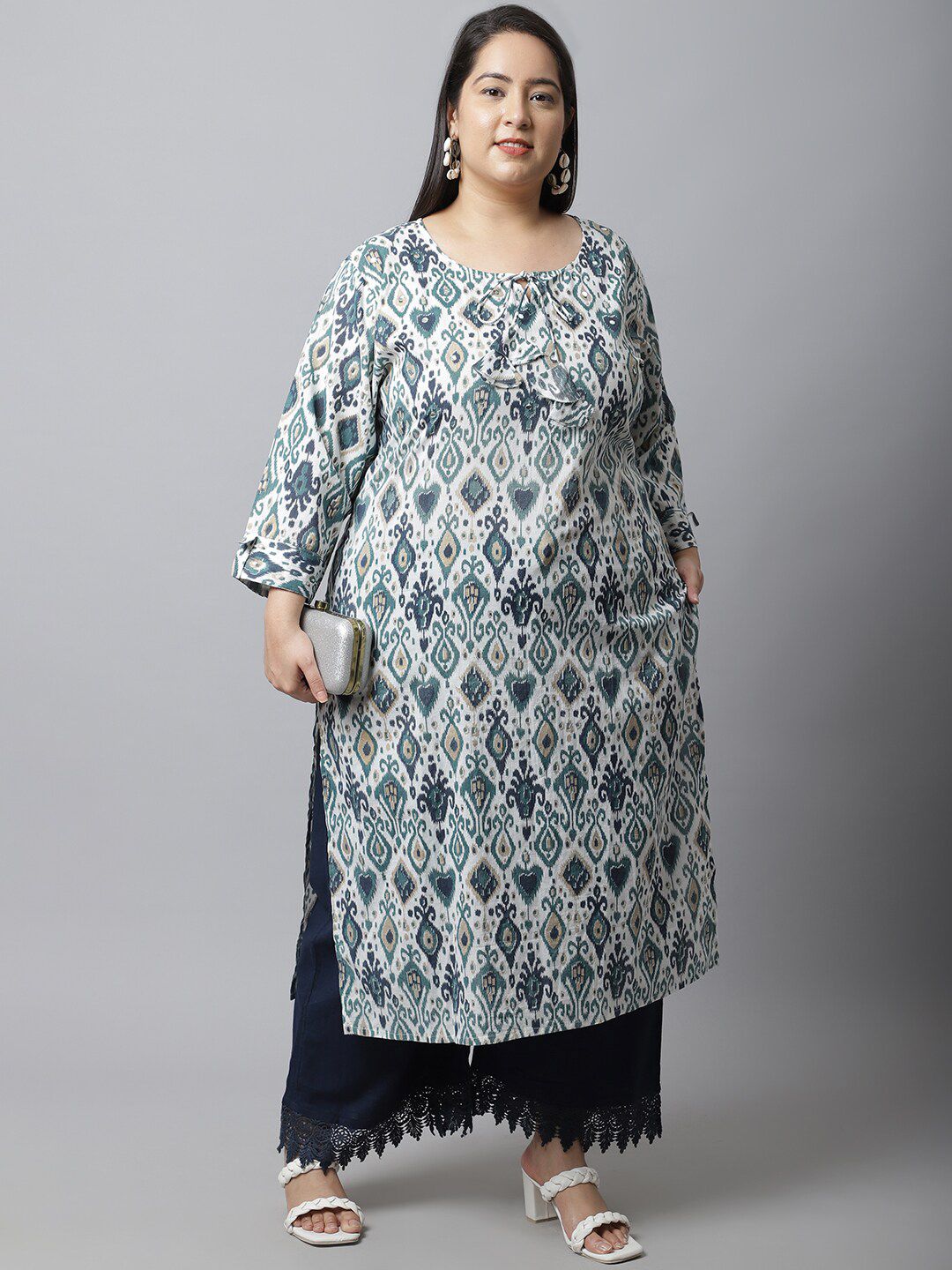 TAG 7 Women Navy Blue Linen Plus Size Lace Ethnic Palazzos