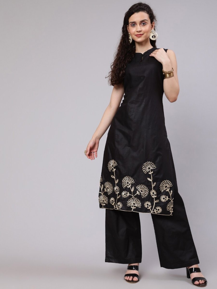 Aks Floral Embroidered Thread Work Straight Kurta With Palazzos