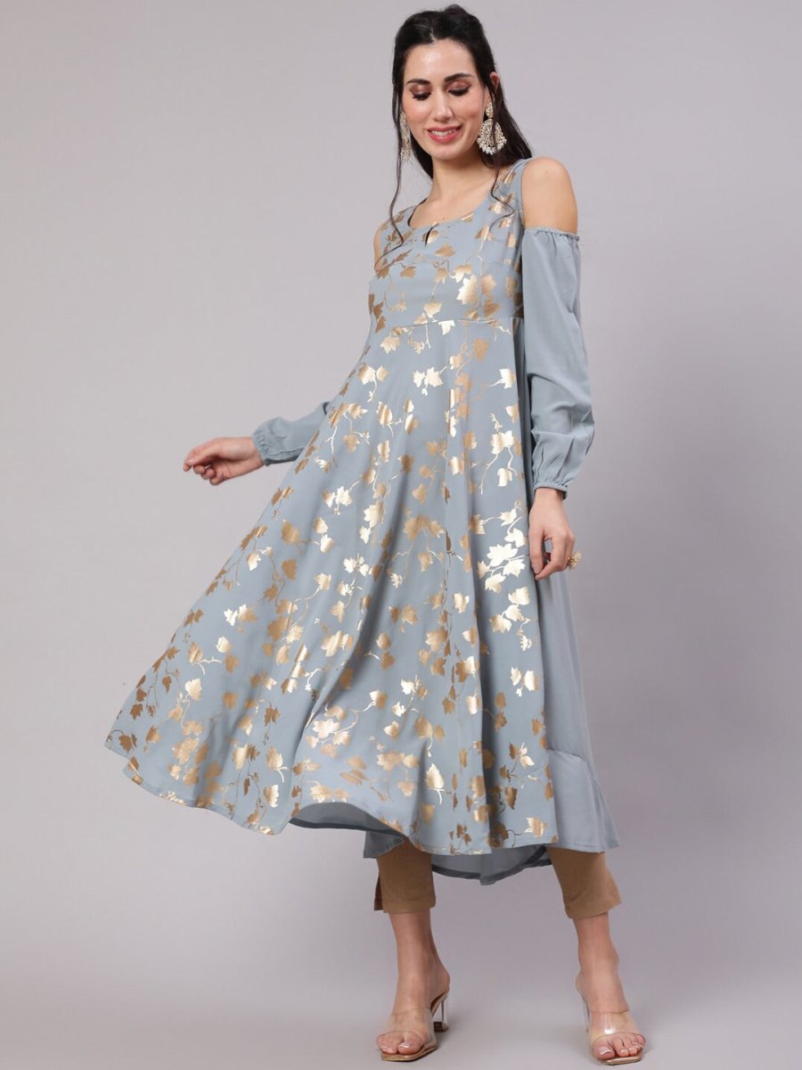 Aks Floral Printed Cold Shoulder Sleeves Pure Georgette Anarkali Kurta
