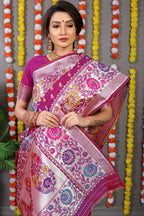 Jyoti Fashion Women's Magenta Banarasi Silk Zari Woven Saree with Blouse