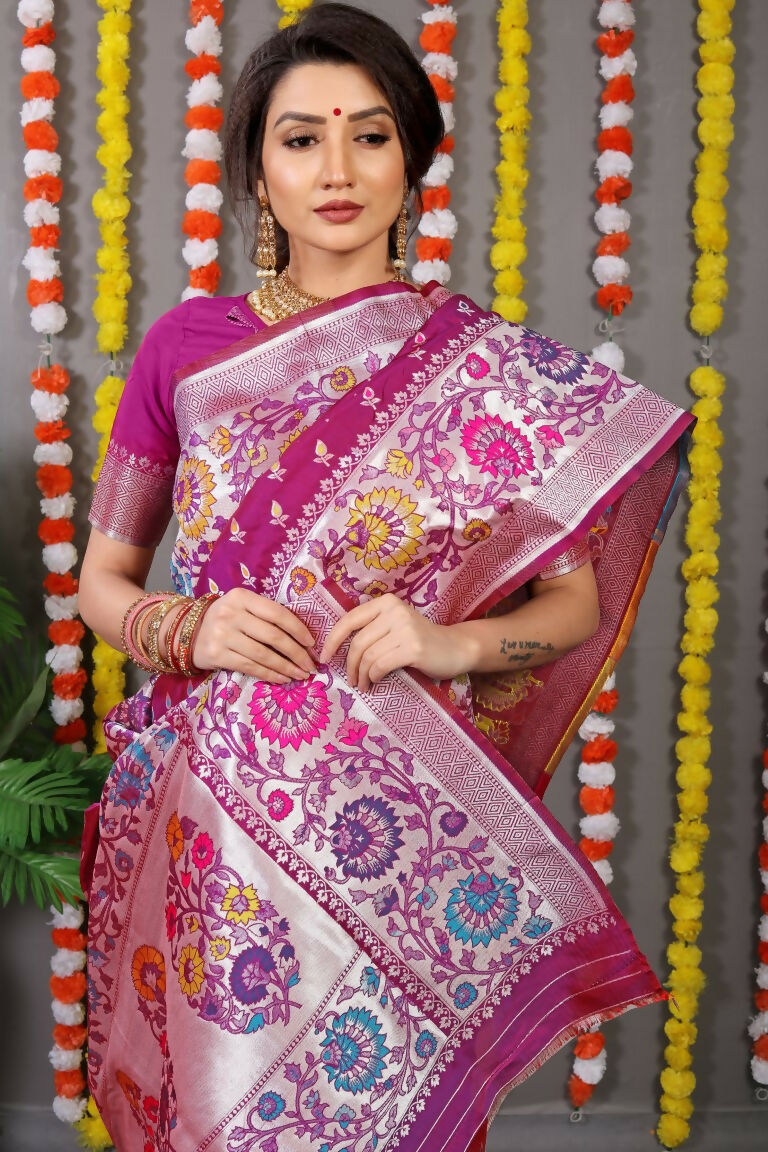 Jyoti Fashion Women's Magenta Banarasi Silk Zari Woven Saree with Blouse