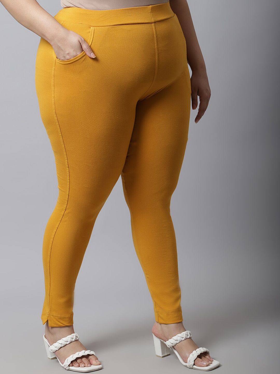 TAG 7 Women Plus Size Mustard Solid Leggings
