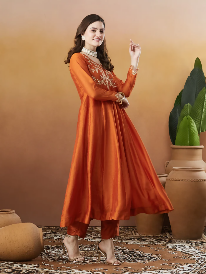 The52 Orange Women's Beautiful Vichitra Silk Fabric Embroidered Work Flared Anarkali Pant and Dupatta Set - Distacart