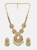 Ruby Raang 22k Gold Polished Long Kundan Heavy Maharani Necklace With Earrings