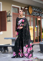 Anaita Black Designer Printed Pure Georgette Saree With Blouse - Distacart