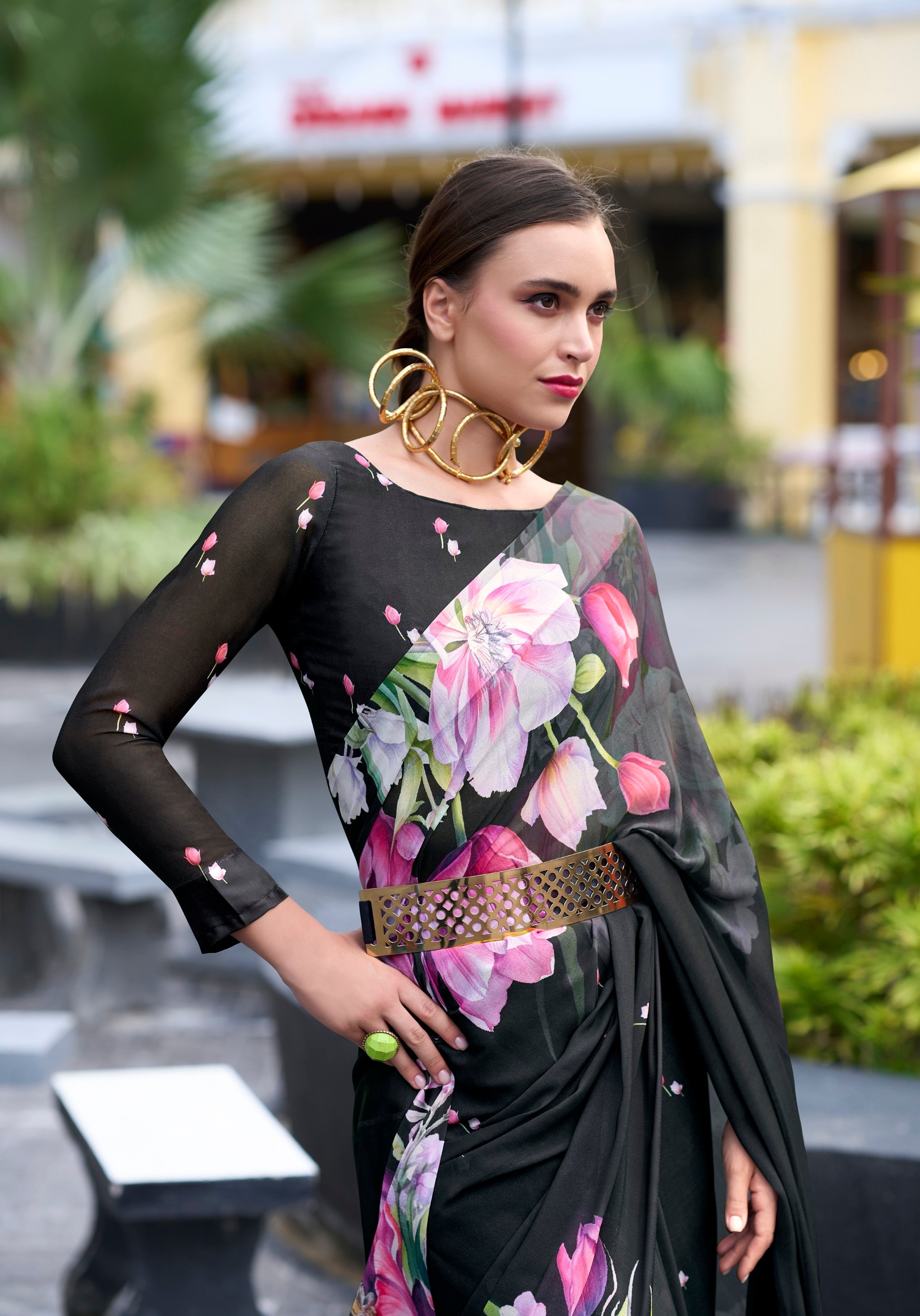 Anaita Black Designer Printed Pure Georgette Saree With Blouse - Distacart