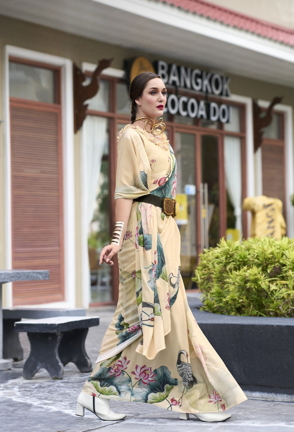 Anaita Cream Designer Printed Pure Georgette Saree With Blouse - Distacart