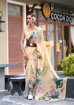 Anaita Cream Designer Printed Pure Georgette Saree With Blouse - Distacart