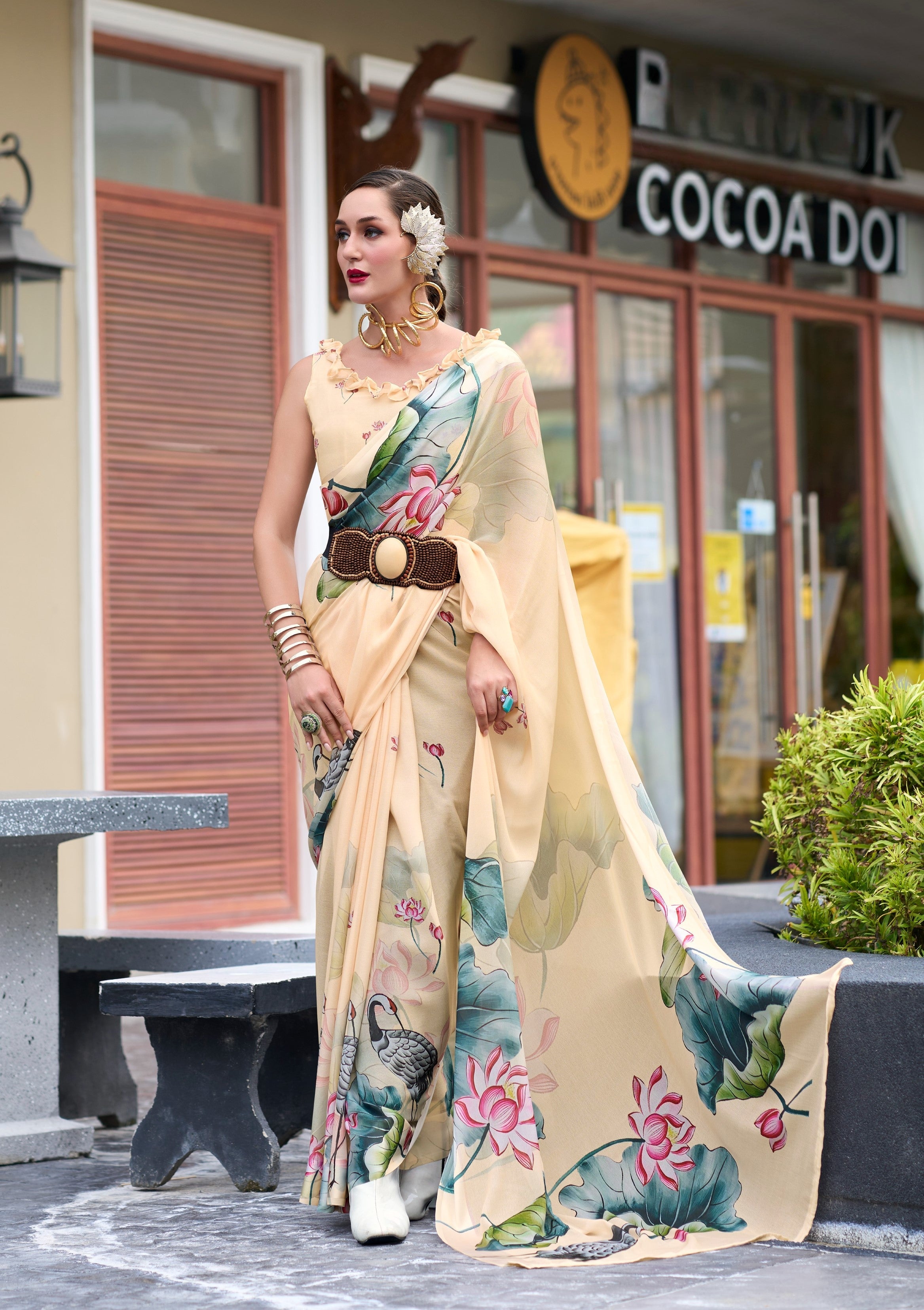 Anaita Cream Designer Printed Pure Georgette Saree With Blouse - Distacart