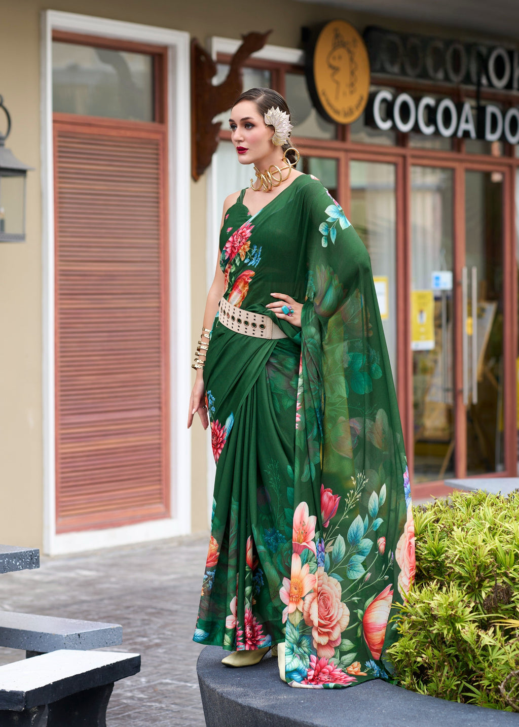 Anaita Dark Green Designer Printed Pure Georgette Saree With Blouse - Distacart