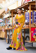 Anaita Mustard Designer Printed Pure Georgette Saree With Blouse - Distacart