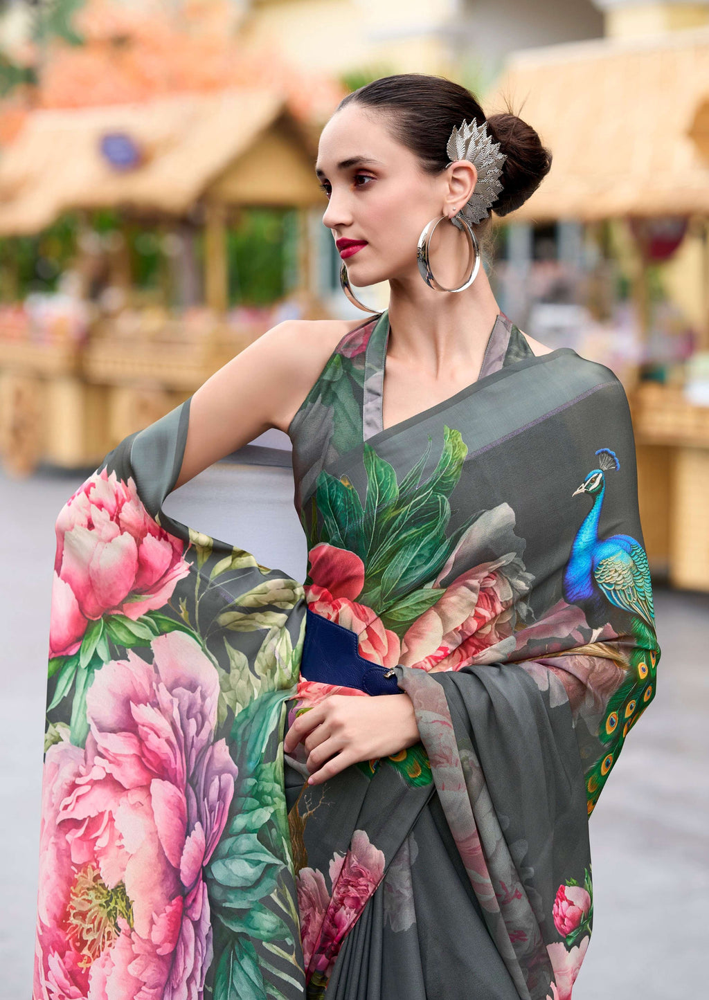 Anaita Grey Designer Printed Pure Georgette Saree With Blouse - Distacart