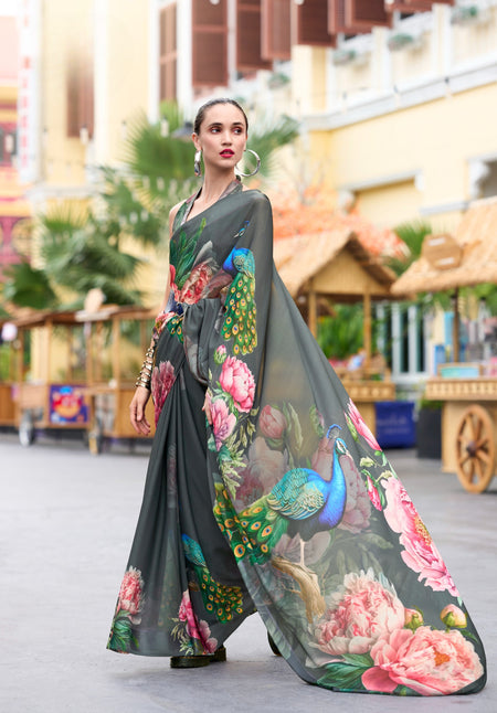 Anaita Grey Designer Printed Pure Georgette Saree With Blouse
