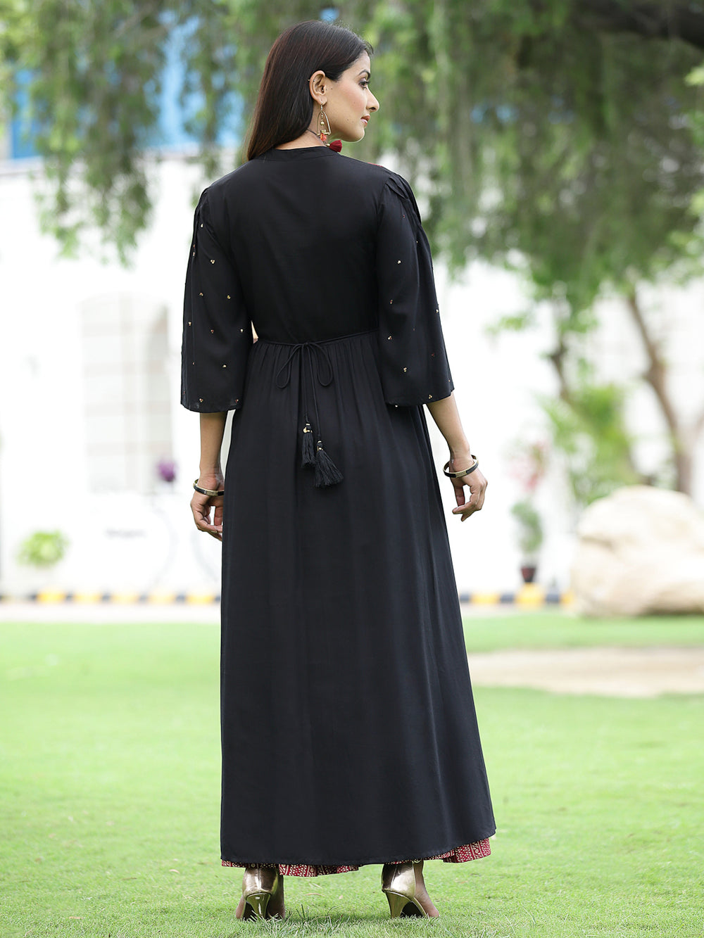 Juniper Women's Black Rayon Embroidered & Printed High-Slit Kurta Sets - Distacart