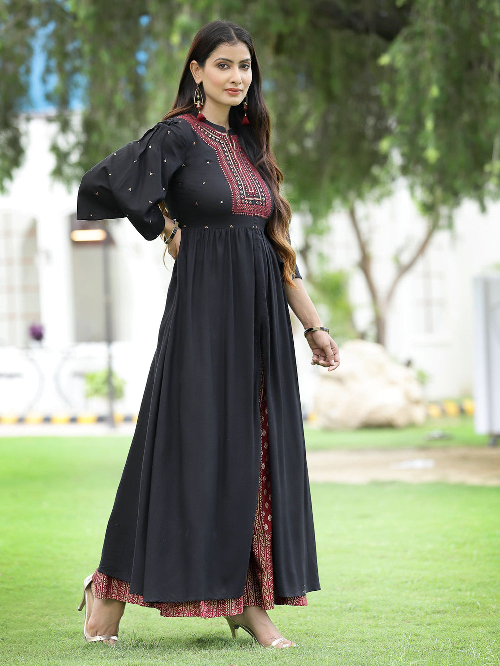 Juniper Women's Black Rayon Embroidered & Printed High-Slit Kurta Sets - Distacart