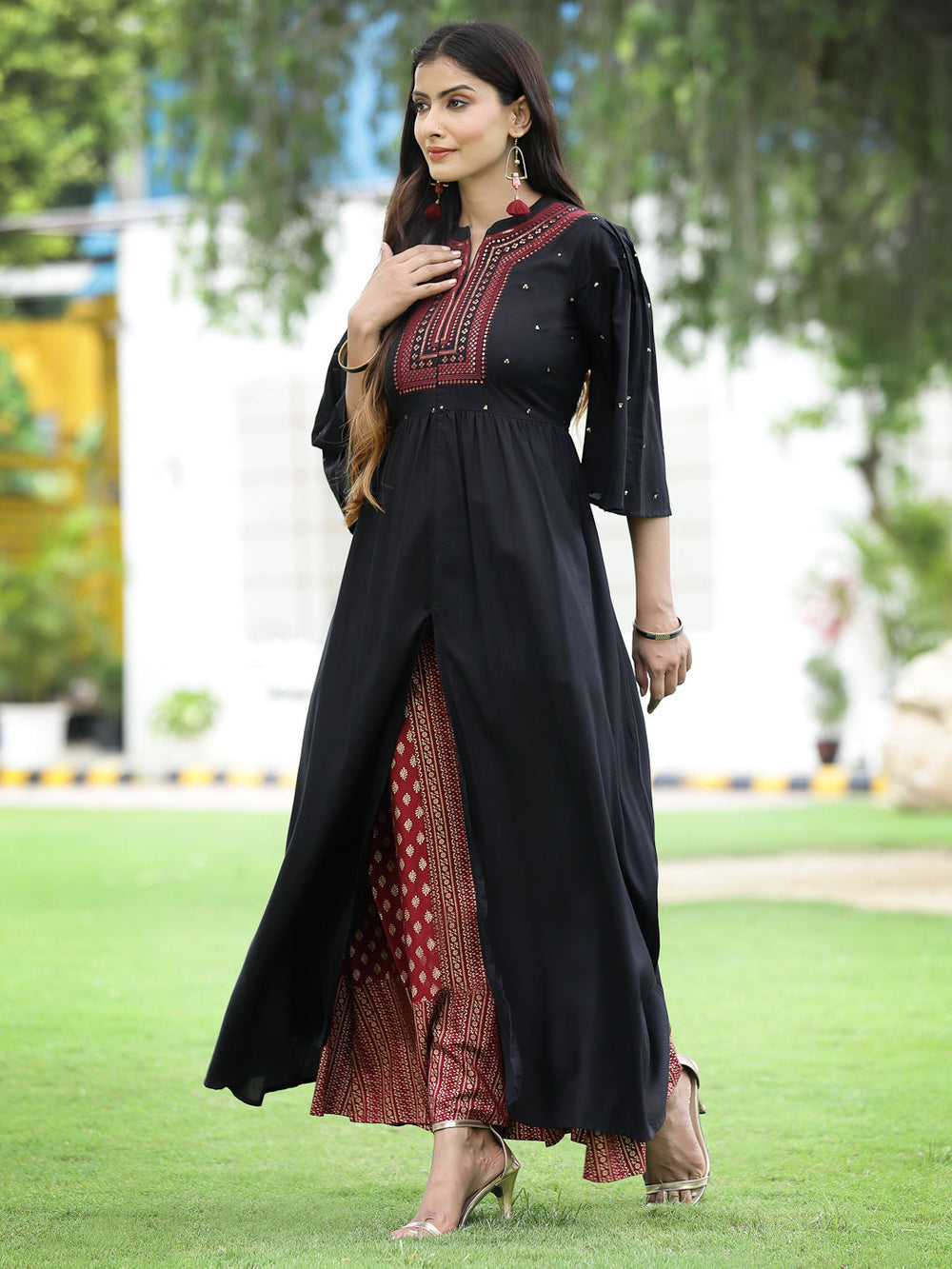 Juniper Women's Black Rayon Embroidered & Printed High-Slit Kurta Sets - Distacart