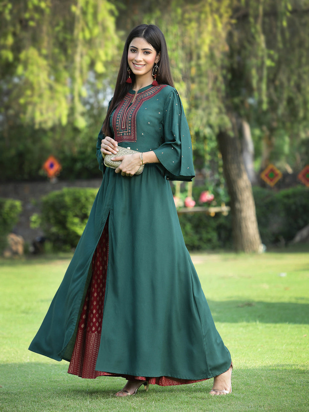 Juniper Women's Jadegreen Rayon Embroidered & Printed High-Slit Kurta Sets - Distacart