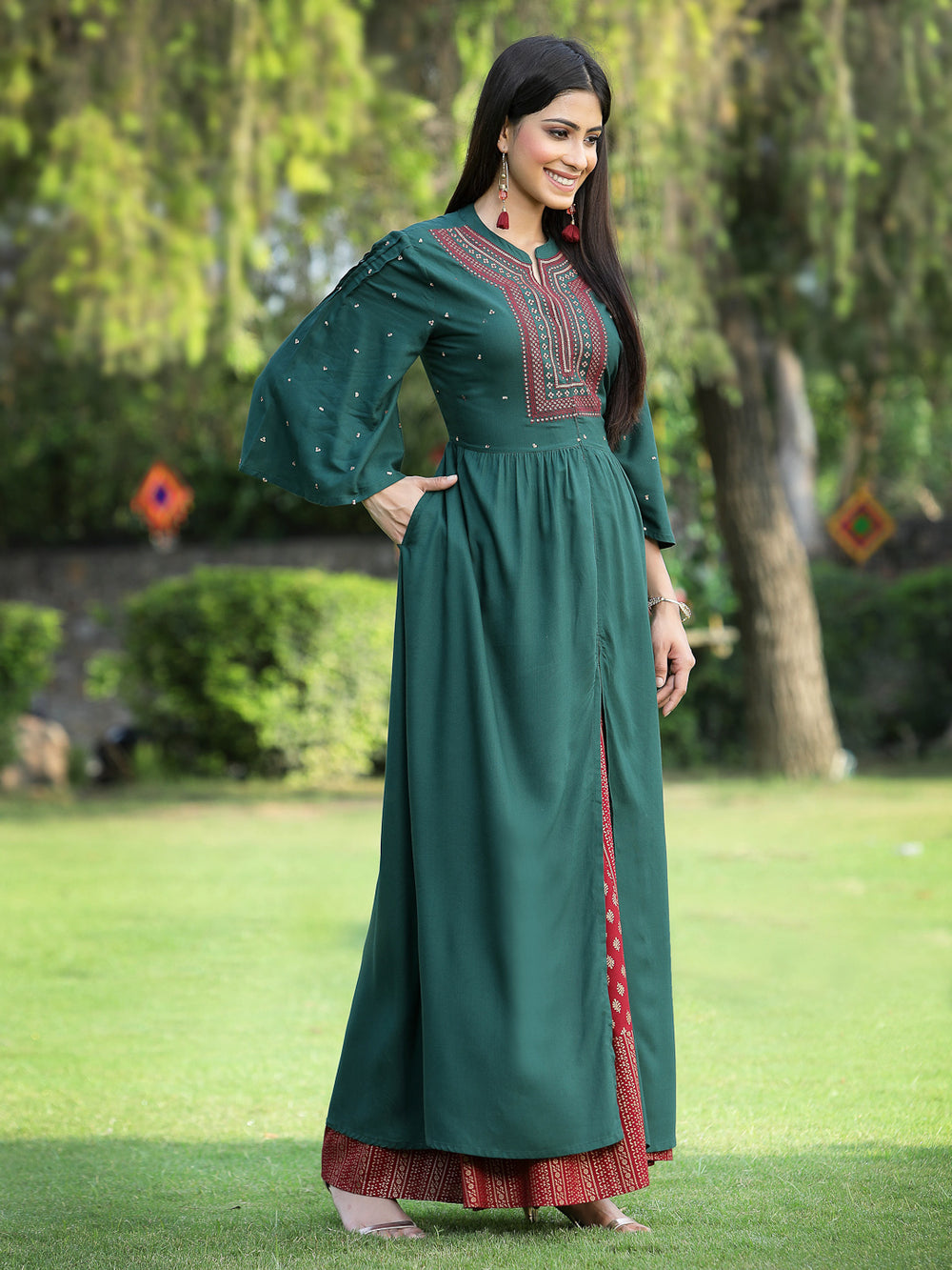 Juniper Women's Jadegreen Rayon Embroidered & Printed High-Slit Kurta Sets - Distacart