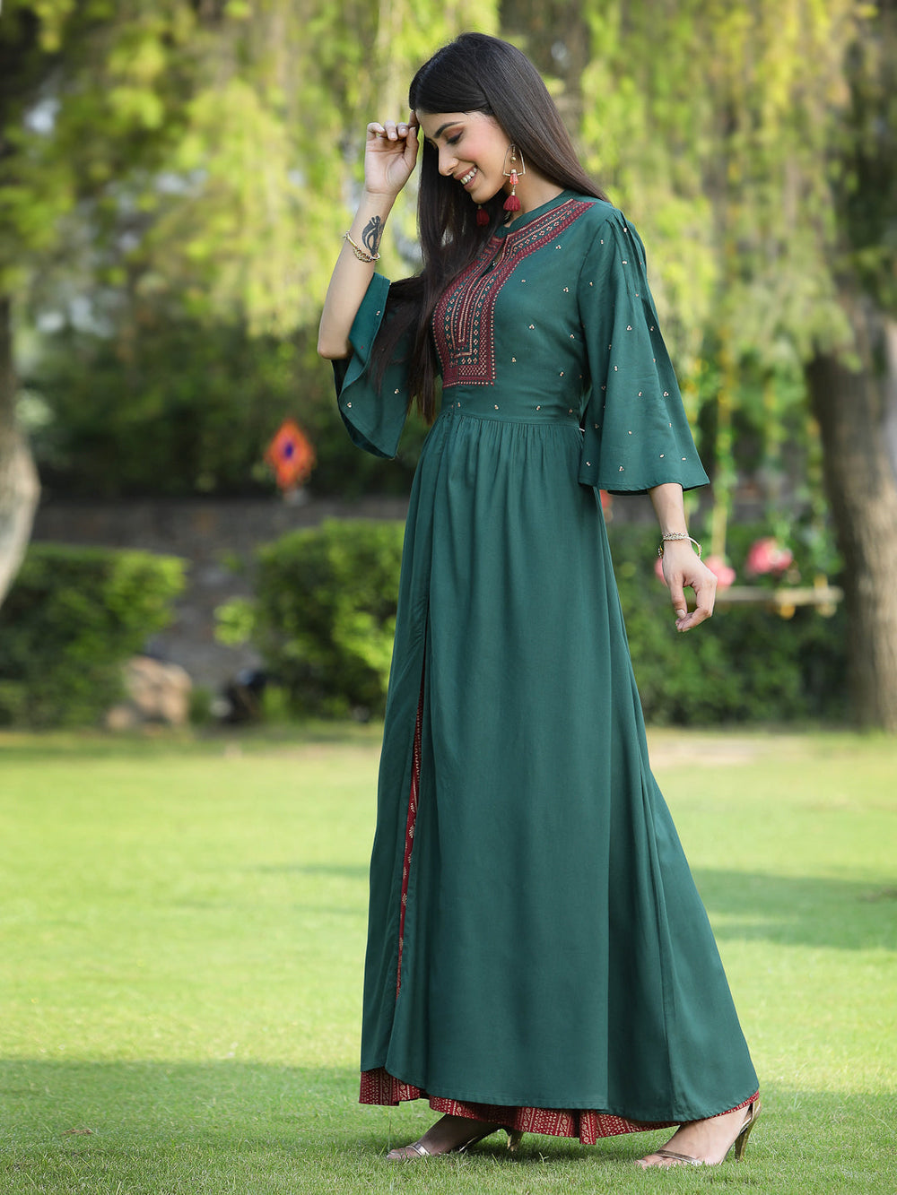 Juniper Women's Jadegreen Rayon Embroidered & Printed High-Slit Kurta Sets - Distacart