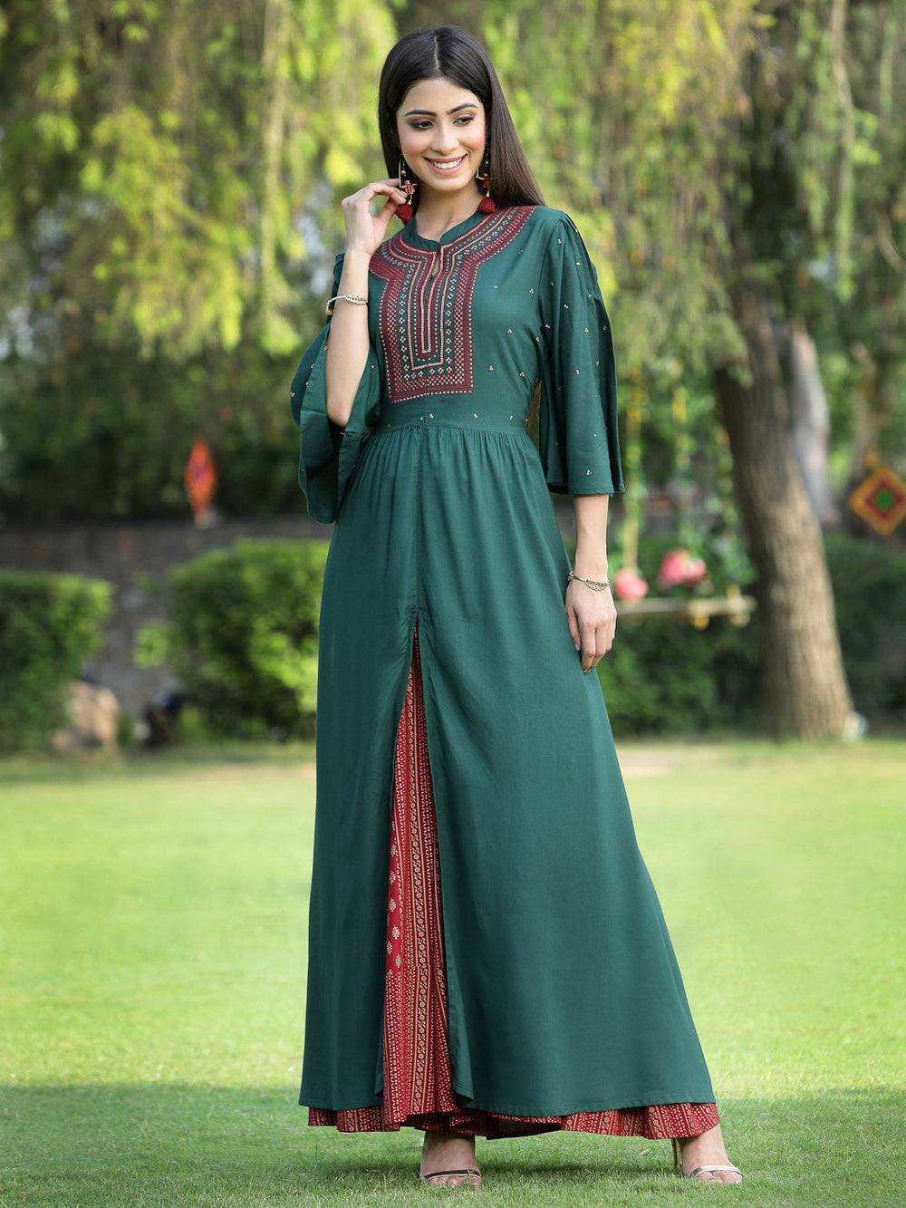 Juniper Women's Jadegreen Rayon Embroidered & Printed High-Slit Kurta Sets - Distacart