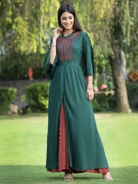 Juniper Women's Jadegreen Rayon Embroidered & Printed High-Slit Kurta Sets