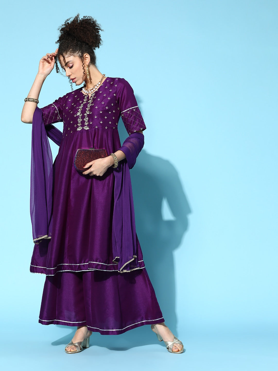 Sangria Women Purple & Silver Ethnic Motifs Gotta Patti Kurta with Palazzos & Dupatta