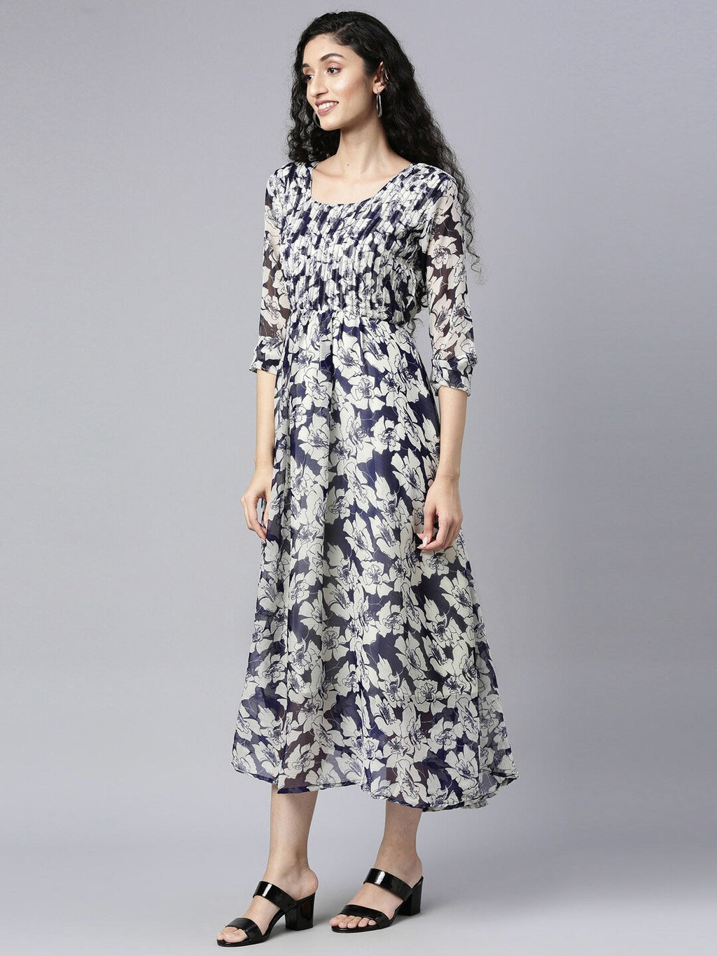 Souchii White Floral Layered Chiffon Empire Midi Dress - Distacart