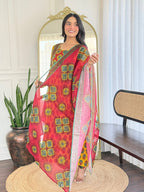 The52 Women's Gorgeous Rayon Printed Flared Kurta with Pant And Dupatta Set - Distacart