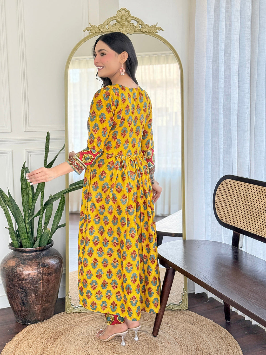 The52 Women's Gorgeous Rayon Printed Flared Kurta with Pant And Dupatta Set - Distacart