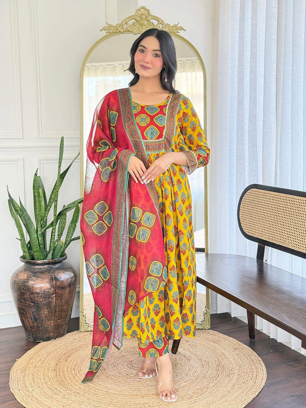 The52 Women's Gorgeous Rayon Printed Flared Kurta with Pant And Dupatta Set - Distacart