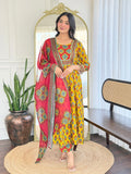 The52 Women's Gorgeous Rayon Printed Flared Kurta with Pant And Dupatta Set - Distacart