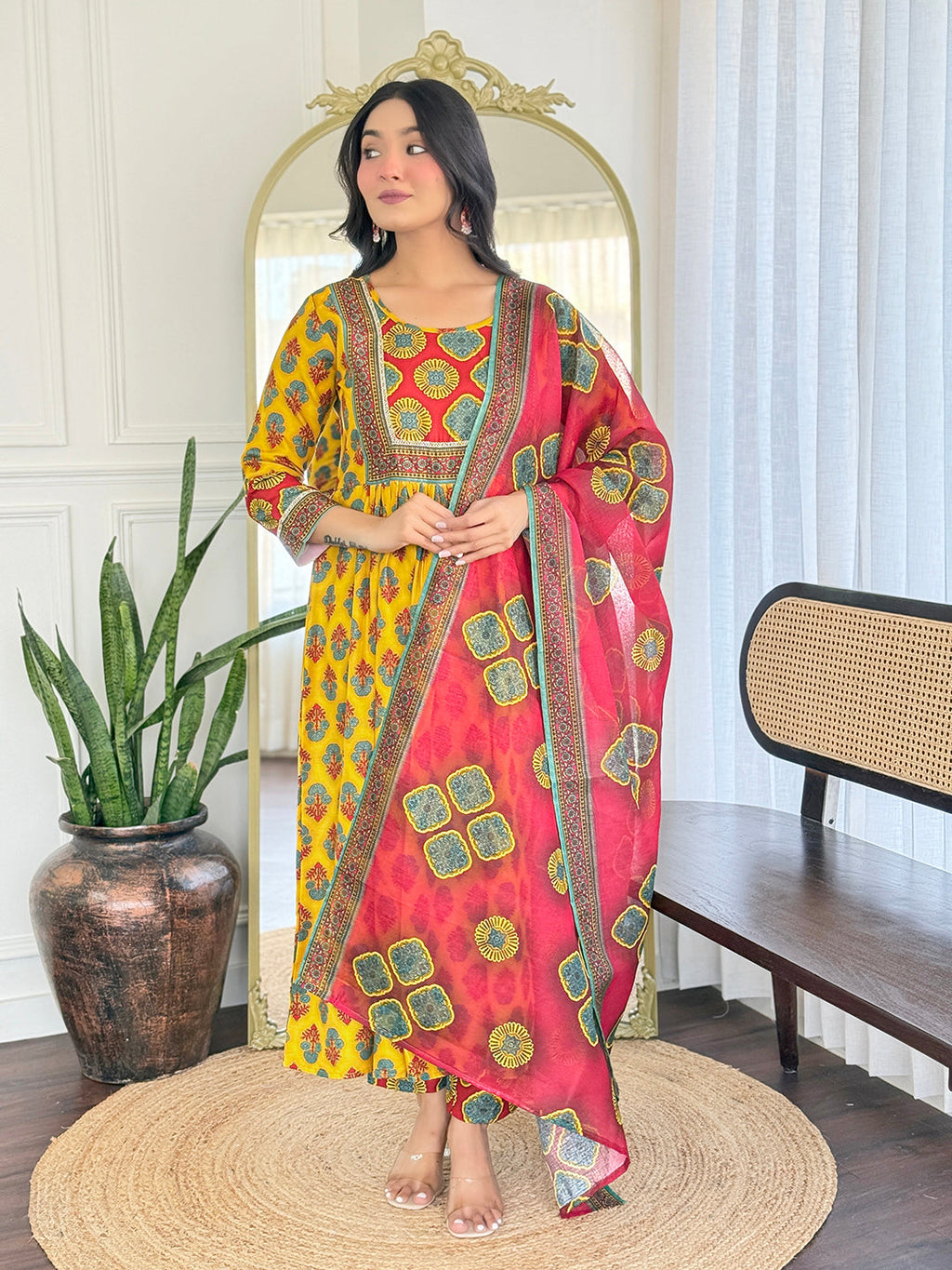 The52 Women's Gorgeous Rayon Printed Flared Kurta with Pant And Dupatta Set - Distacart