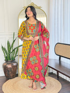 The52 Women's Gorgeous Rayon Printed Flared Kurta with Pant And Dupatta Set - Distacart