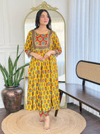 The52 Women's Gorgeous Rayon Printed Flared Kurta with Pant And Dupatta Set - Distacart