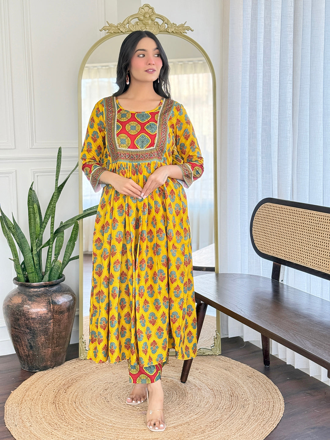 The52 Women's Gorgeous Rayon Printed Flared Kurta with Pant And Dupatta Set - Distacart