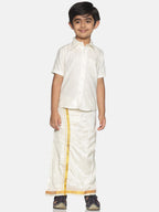 Sethukrishna Boys Cream-Coloured Solid Shirt with Veshti Set