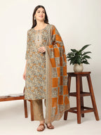 Yufta Mustard And Gray Cotton Dori_Embroidery Kurta Dupatta Pant Set