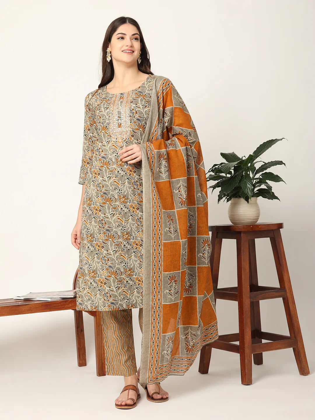 Yufta Mustard And Gray Cotton Dori_Embroidery Kurta Dupatta Pant Set