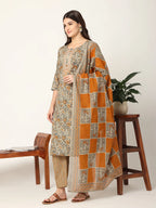 Yufta Mustard And Gray Cotton Dori_Embroidery Kurta Dupatta Pant Set